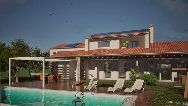 Modellazione 3D e video di edificio residenziale con piscina e bandiera al vento Oman