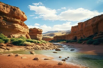 Morocco landscape. Serene Desert Canyon River Under Blue Sky. - Powered by Adobe