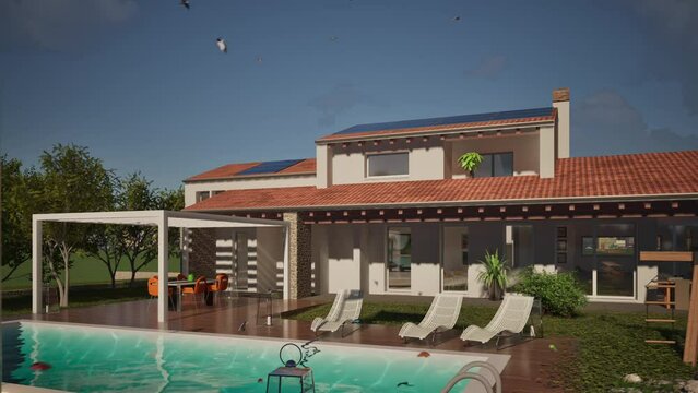 Modellazione 3D e video di edificio residenziale con piscina e bandiera al vento Norway