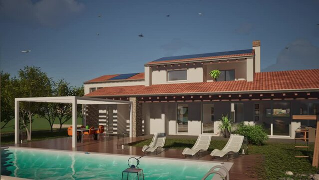 Modellazione 3D e video di edificio residenziale con piscina e bandiera al vento New Zeeland