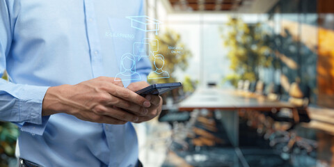 Hologram Ui shows about learning, studying, gaining knowledge, increasing skills in the online system. and in the classroom, online education, E learning