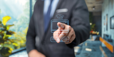 Hologram Ui shows about learning, studying, gaining knowledge, increasing skills in the online system. and in the classroom, online education, E learning