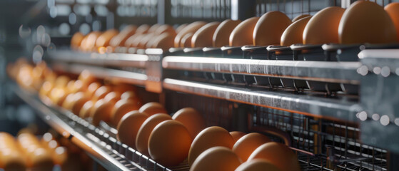 Rows of fresh eggs on a conveyor belt at a poultry farm.