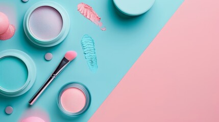 A pink background with a variety of makeup items including a brush - obrazy, fototapety, plakaty