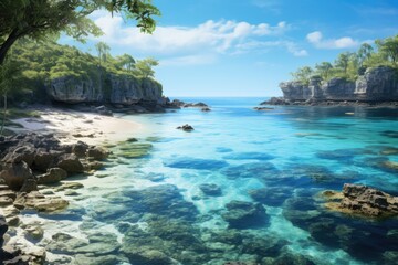 Fototapeta premium Nauru landscape. Secluded Tropical Beach with Crystal Clear Waters and Rocky Cliffs.