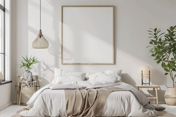Scandinavian Bedroom  Design. Contemporary Bedroom  MockUp Frames. 3d render