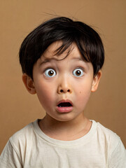 Surprised Asian boy with wide eyes on a brown background. Surprised face of a child with open mouth - obrazy, fototapety, plakaty