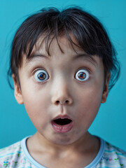 Surprised Asian girl with wide eyes on a blue background. Surprised face of a child with open mouth - obrazy, fototapety, plakaty