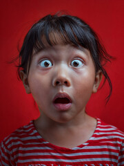 Surprised Asian girl with wide eyes on a red background. Surprised face of a child with open mouth - obrazy, fototapety, plakaty
