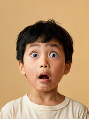 Surprised Asian boy with wide eyes on a beige background. Surprised face of a child with open mouth - obrazy, fototapety, plakaty