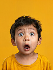 Surprised Asian boy with wide eyes on a yellow background. Surprised face of a child with open mouth - obrazy, fototapety, plakaty