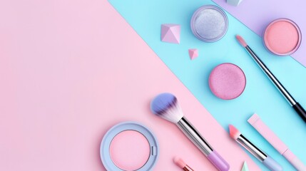 A pink and blue background with a bunch of makeup and pastries - obrazy, fototapety, plakaty