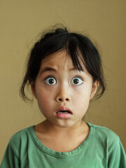 Surprised Asian girl with wide eyes on a beige background. Surprised face of a child with open mouth - obrazy, fototapety, plakaty