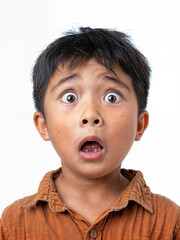 Surprised Asian boy with wide eyes on a white background. Surprised face of a child with open mouth - obrazy, fototapety, plakaty