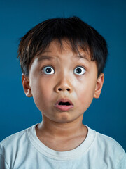Surprised Asian boy with wide eyes on a blue background. Surprised face of a child with open mouth - obrazy, fototapety, plakaty