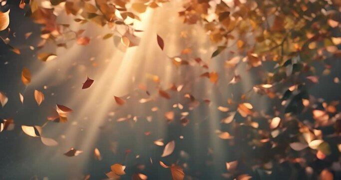 Art, glow and abstract with light or autumn leaves in fall with green in nature for ecology with shine. Wind, forest and natural for plant growth or texture with beautiful, woods and season wallpaper