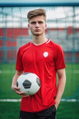 Blond Male Soccer Player Posing with Ball, Ready to Play Match for Photo. Fictional Character Created By Generative AI. 