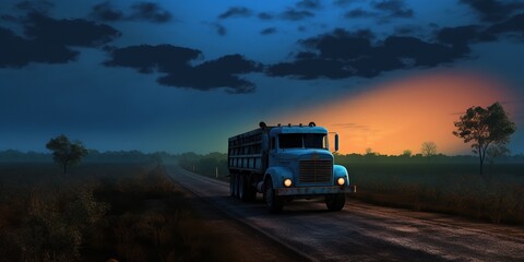 Blue truck driving trough countryside at sunset.