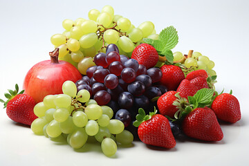 a grouping of bouncing strawberries, grapes, kiwi and peach isolated on white - obrazy, fototapety, plakaty