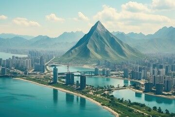 North Korea landscape. Majestic Mountain Overlooking Modern Cityscape with River and Bridges.