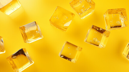 ice cubes, floating on yellow background - obrazy, fototapety, plakaty