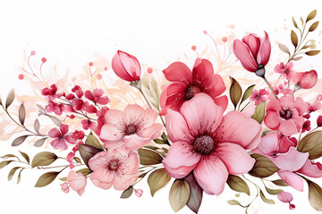 watercolor flower border, pink flowers - obrazy, fototapety, plakaty