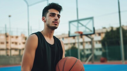 Young Indian male basketball player at court, ready to play match and posing for photo. Fictional Character Created By Generative AI. 
