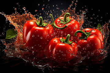 Tomato poster, several peppers closeup, splash, solid background, illustration, light details, 8k - obrazy, fototapety, plakaty