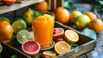 Fresh citrus juice in glass and fruits on tray - Powered by Adobe
