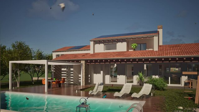 Modellazione 3D e video di edificio residenziale con piscina e bandiera al vento Monaco