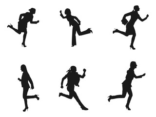 Business Woman Run silhouette. silhouette graphic of running business woman. Vector illustration of Running Silhouettes.  Business people running for success. business woman with white background.
