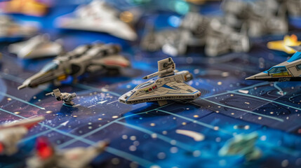A strategic space-themed board game showcasing detailed miniature spacecraft on a colorful galaxy map.