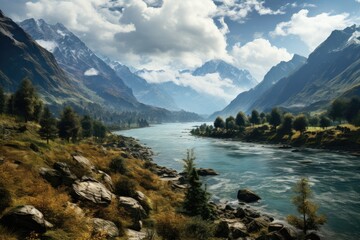 Tajikistan landscape. Majestic River Flowing Through Mountainous Landscape in Scenic Valley.