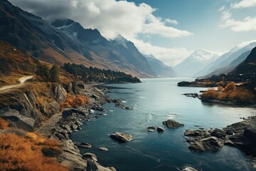 Tajikistan landscape. Majestic Autumn Mountain River Landscape with Winding Road.