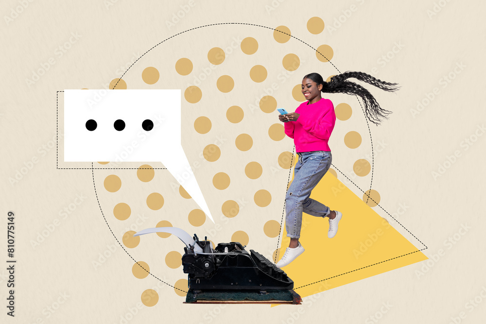 Aufkleber sketch image composite collage of beige color dots print textbox cloud chat sms message young lady t