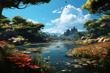 Togo landscape. Serene Landscape with Lush Forest and Tranquil River.