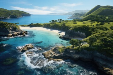 Fototapeta premium Tonga landscape. Pristine Tropical Beach Cove with Lush Green Hills and Crystal Clear Waters.