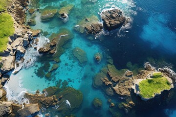 Obraz premium Tonga landscape. Aerial View of Scenic Coastal Rocks and Clear Blue Sea.