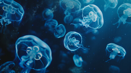 Mesmerizing dance of blue jellyfish under the sea.