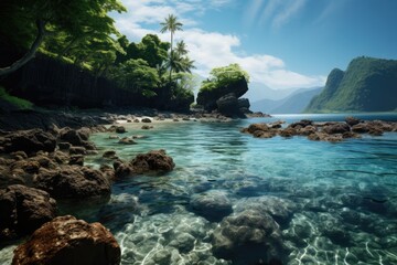 Obraz premium Tonga landscape. Tranquil Tropical Cove with Crystal-Clear Waters and Lush Greenery.