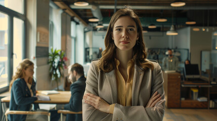 Fototapeta premium Confident professional woman standing with arms folded in a modern office.