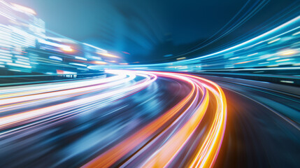 A dynamic night scene of swirling city traffic lights in motion blur.