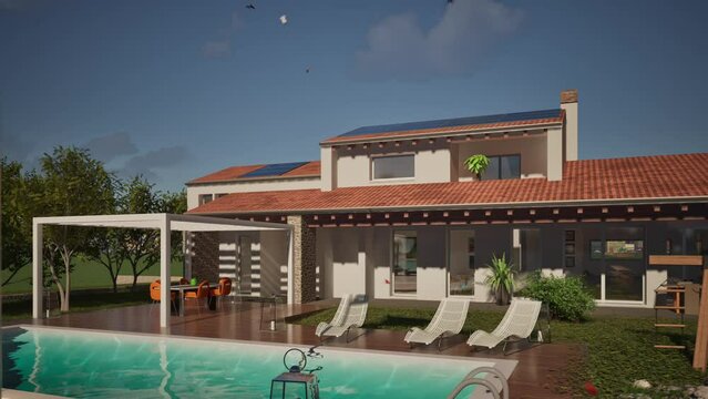 Modellazione 3D e video di edificio residenziale con piscina e bandiera al vento Luxembourg