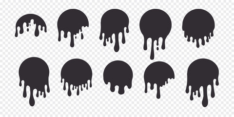 Melt paint drip circle stickers, label. Round splash with drops, liquid shape graffiti blob stickers, stain isolated on background. Flowing fluid, slime or cream.