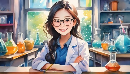A student in a science classroom with lab equipment, watercolor. - obrazy, fototapety, plakaty