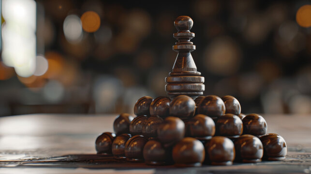 Strategic supremacy illustrated by a single chess queen atop a pyramid of pawns.