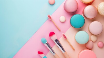 Two makeup brushes are on a green background with pink and blue colors - obrazy, fototapety, plakaty