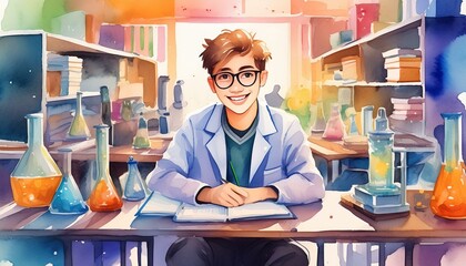 A student in a science classroom with lab equipment, watercolor. - obrazy, fototapety, plakaty