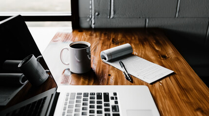 Remote work setup on a wooden desk, featuring a laptop, notepad, coffee mug, and a pen.