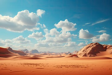 Naklejka premium United Arab Emirates landscape. Enchanting Desert Landscape Under Vast Blue Sky With Fluffy Clouds.